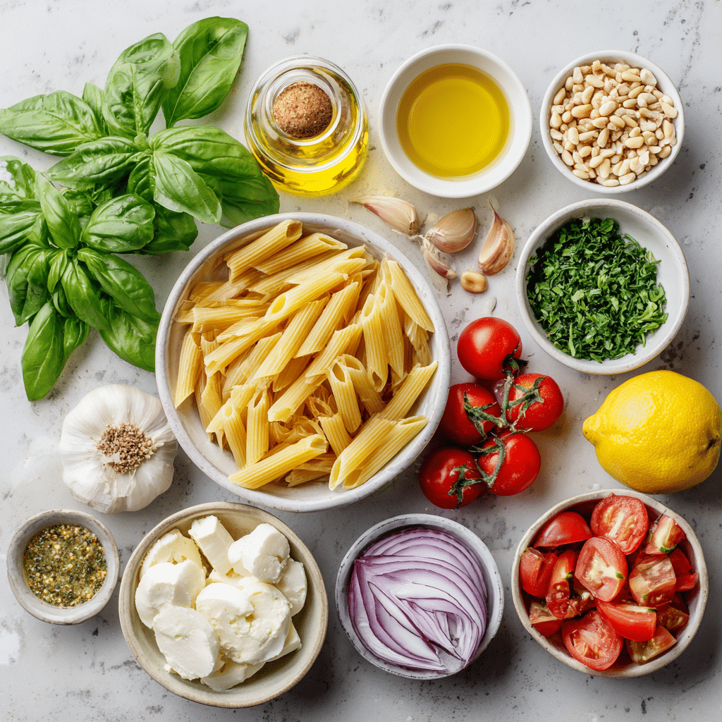 Ingredients for pesto pasta salad including basil, pasta, mozzarella and pine nuts