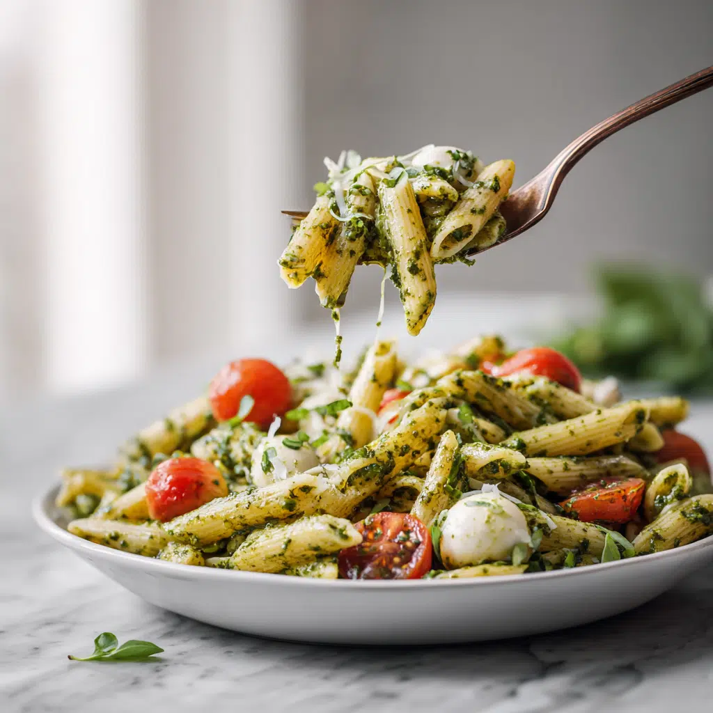 Serving pesto pasta salad with fork and fresh ingredients