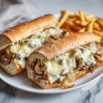 Philly cheesesteak served hot with melted cheese and fries