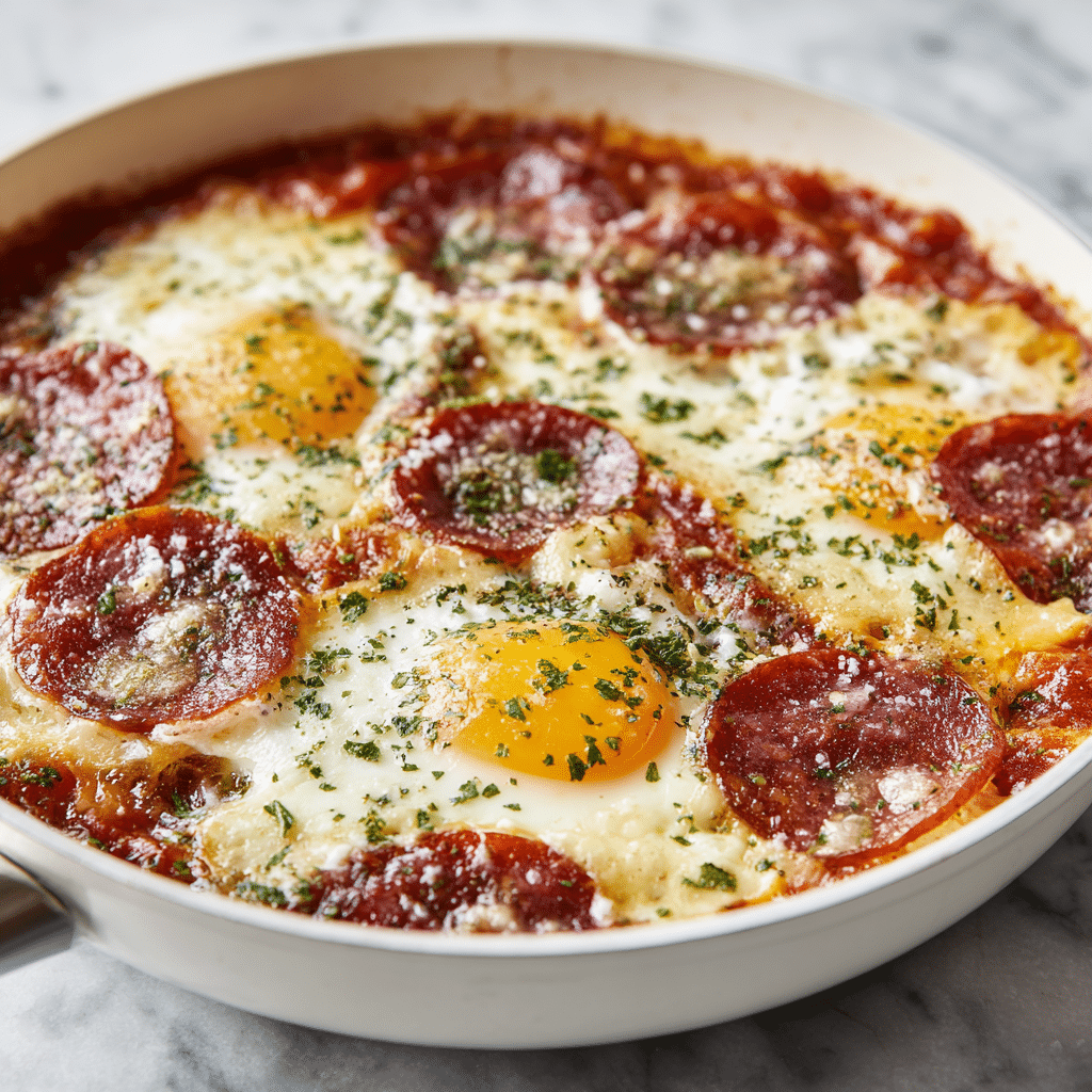 Pizza Eggs - The Ultimate High-Protein Breakfast Recipe 6 Pizza eggs recipe with melted cheese, salami, and herbs in a skillet