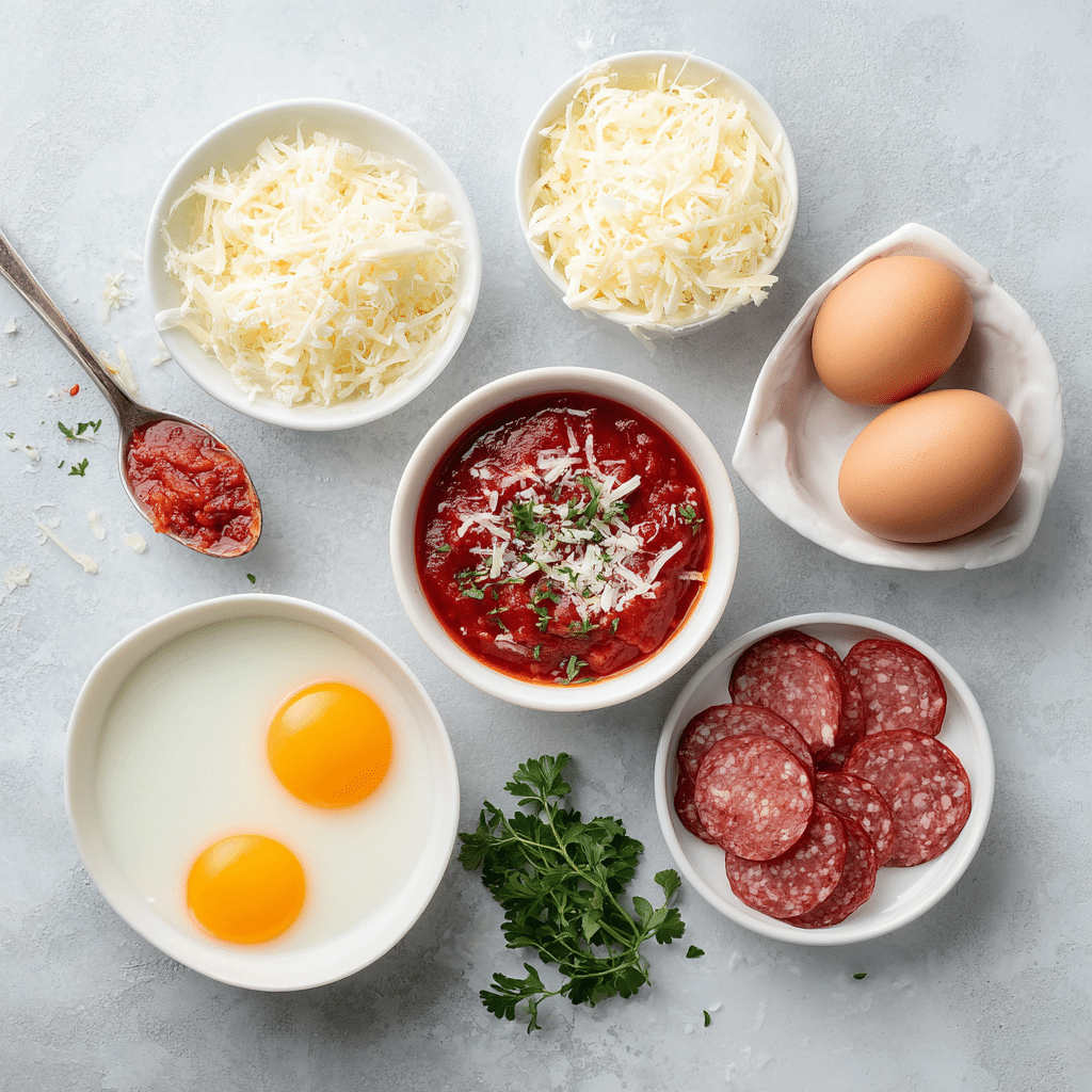 Pizza Eggs - The Ultimate High-Protein Breakfast Recipe 7 Ingredients for pizza eggs including eggs cheese passata and salami