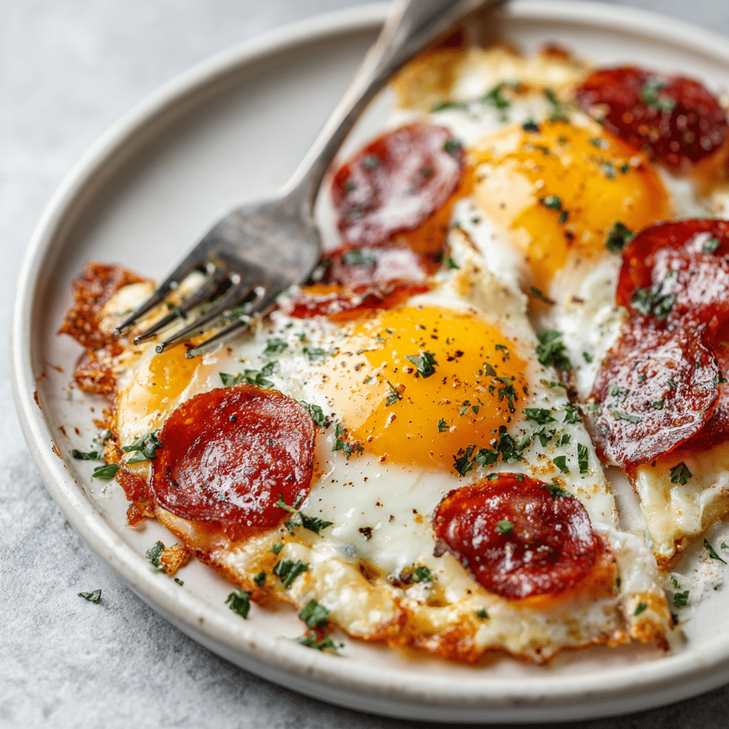 Pizza Eggs - The Ultimate High-Protein Breakfast Recipe 8 Served pizza eggs with runny yolk cheese and crispy salami