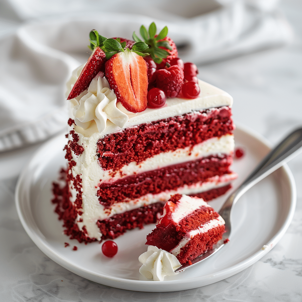 Slice of red velvet strawberry cheesecake served with whipped cream and strawberries