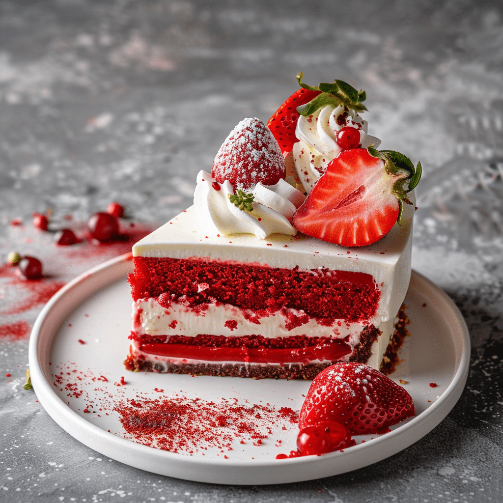 Red velvet strawberry cheesecake with fresh strawberries on white plate