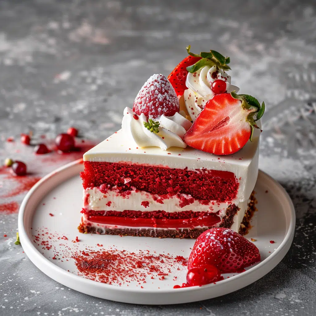 Red velvet strawberry cheesecake with fresh strawberries on white plate