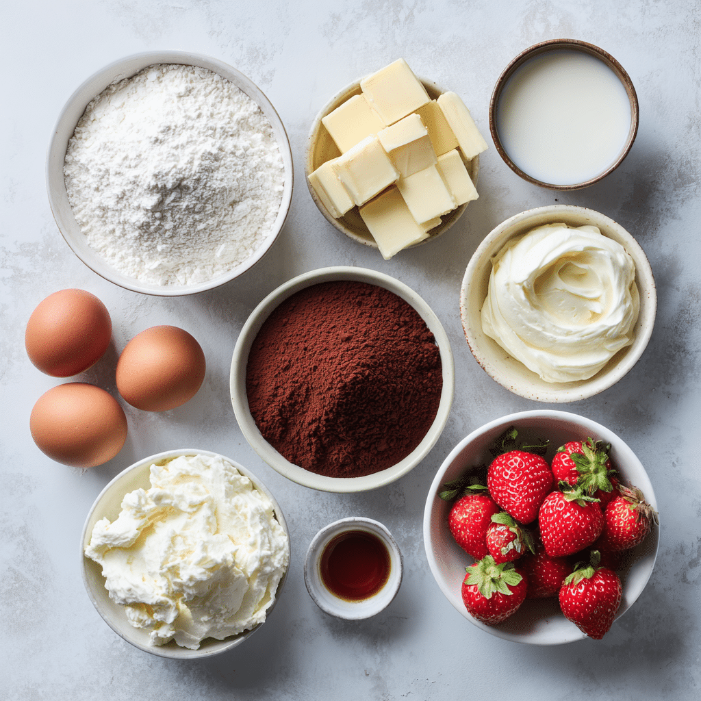 Ingredients for red velvet strawberry cheesecake neatly arranged on marble surface