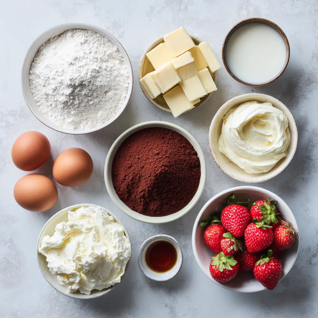 Ingredients for red velvet strawberry cheesecake neatly arranged on marble surface
