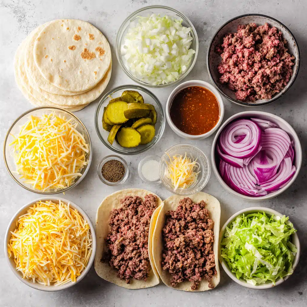 ingredients for smash burger tacos laid out neatly