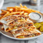smashburger quesadillas served with sauce and fries