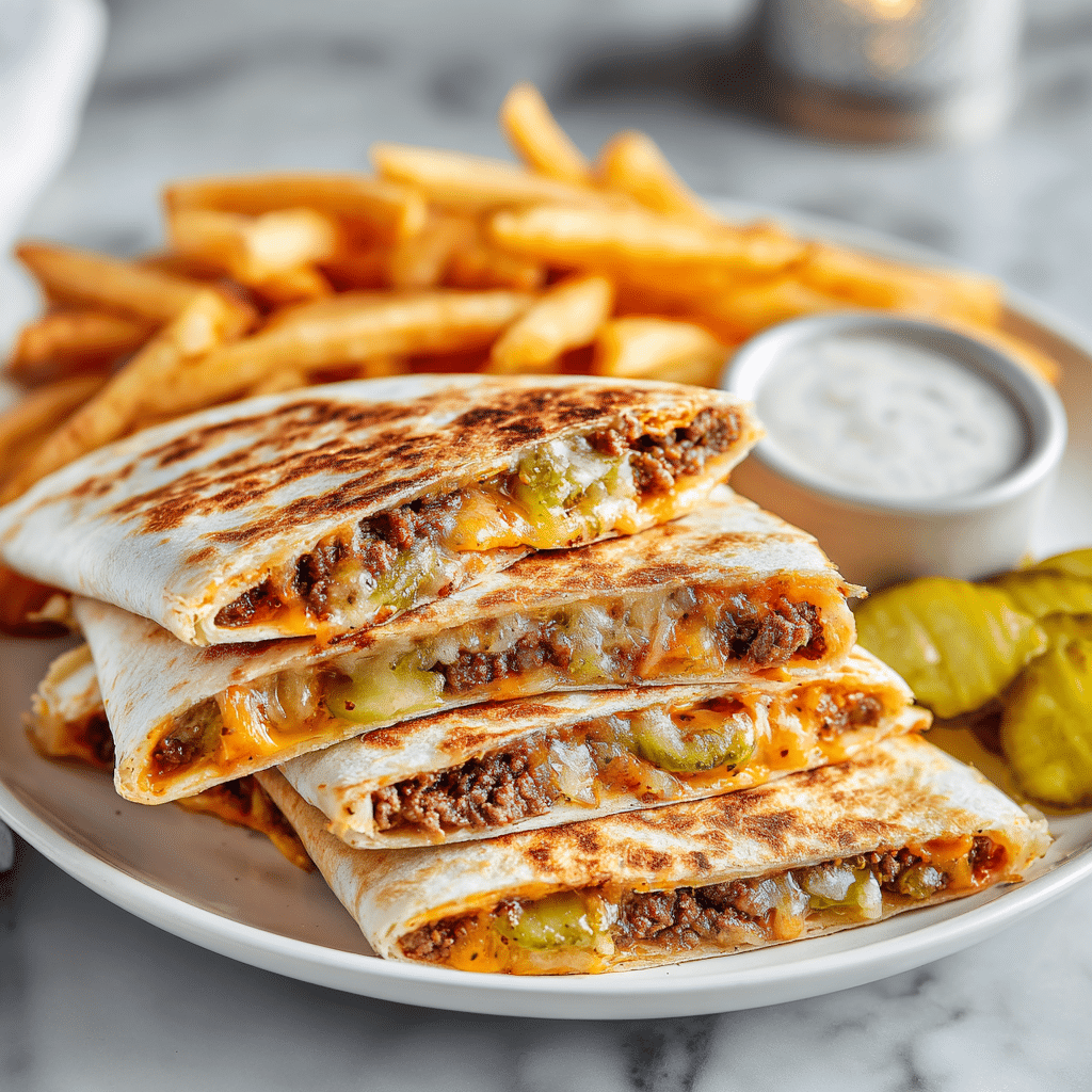 smashburger quesadillas served with sauce and fries