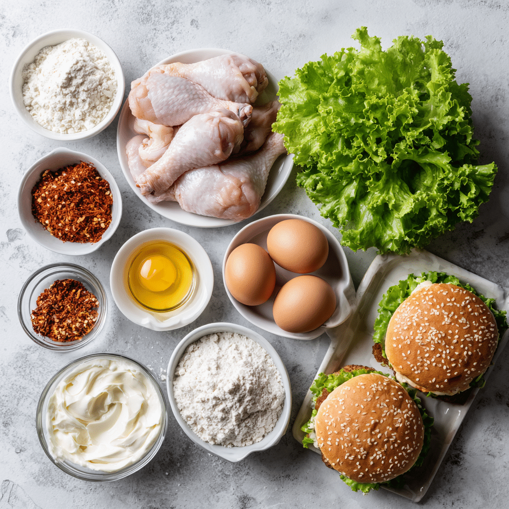 Spicy Crispy Chicken Burger - Chicken Sandwich Recipe 7 Ingredients for spicy crispy chicken burger including chicken, spices, and buns