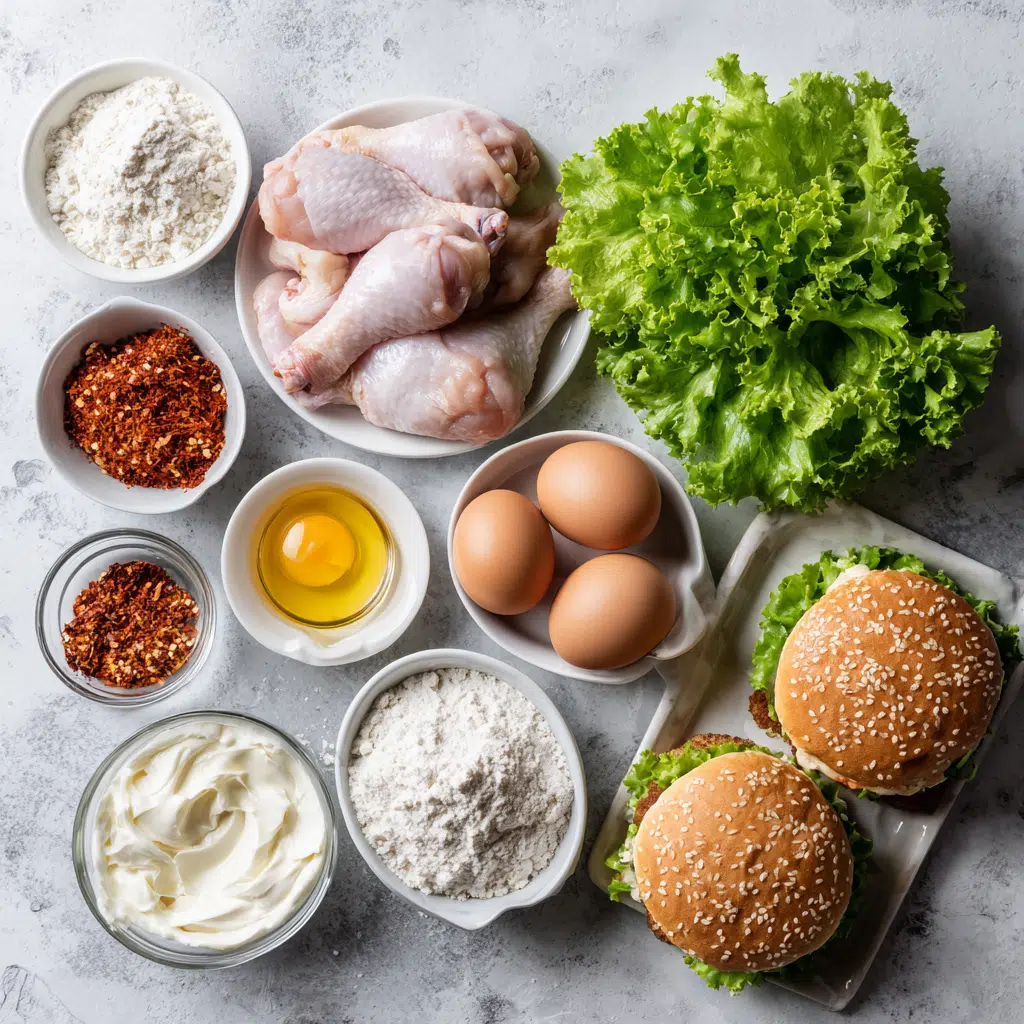 Spicy Crispy Chicken Burger - Chicken Sandwich Recipe 7 Ingredients for spicy crispy chicken burger including chicken, spices, and buns