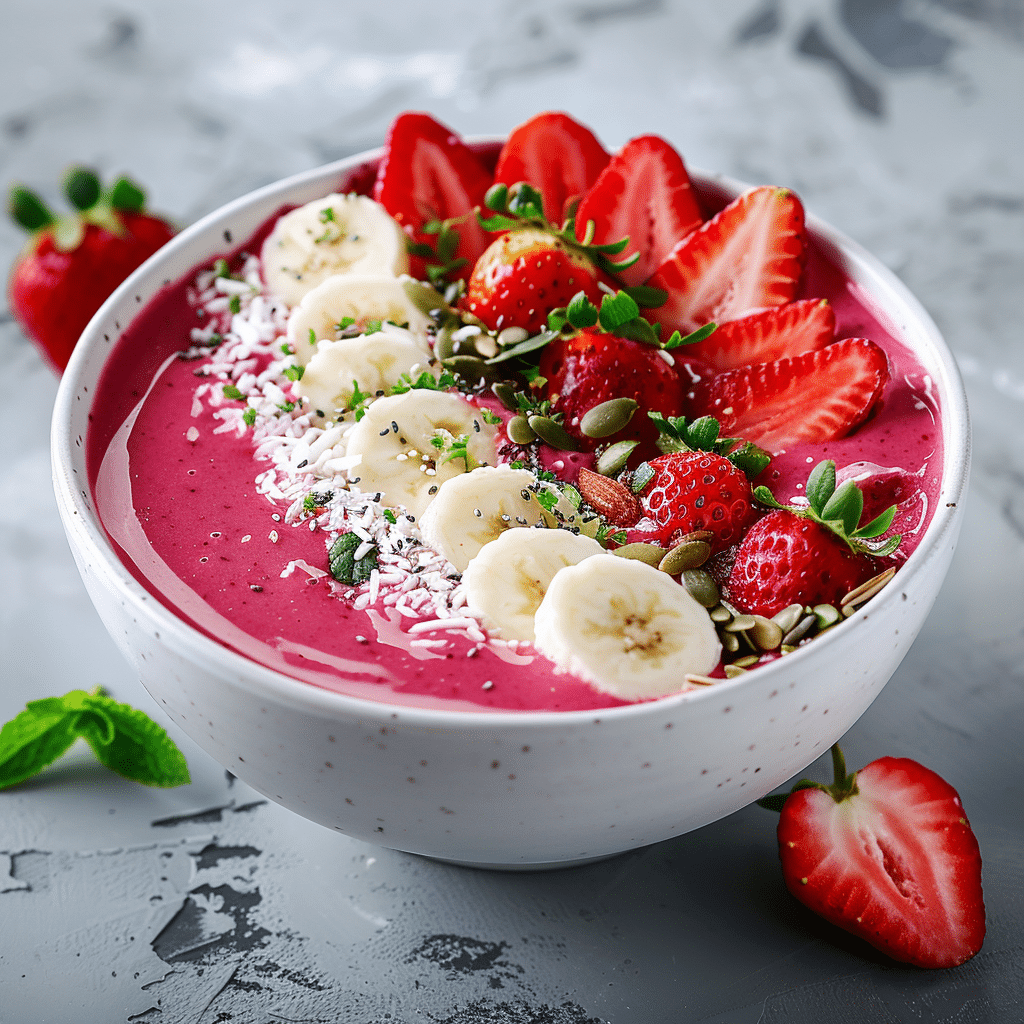 Strawberry Banana Smoothie Bowl 6 strawberry banana smoothie bowl with coconut flakes and hemp seeds
