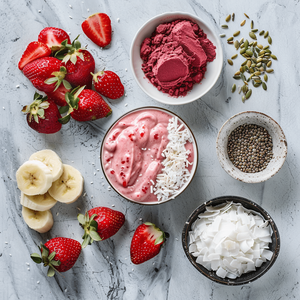 Strawberry Banana Smoothie Bowl 7 ingredients for strawberry banana smoothie bowl with beetroot powder