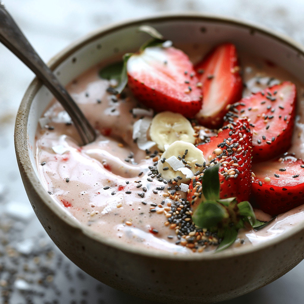 Strawberry Banana Smoothie Bowl 8 serving strawberry banana smoothie bowl creamy texture close up