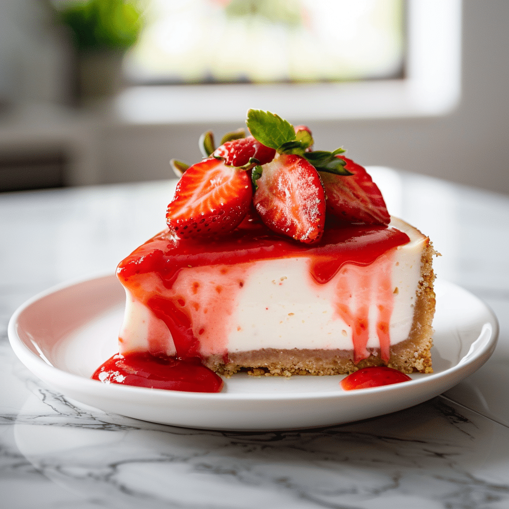 Strawberry cheesecake with fresh strawberry topping on white plate