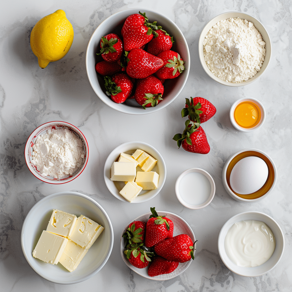 Ingredients for strawberry cheesecake including strawberries cream cheese and butter