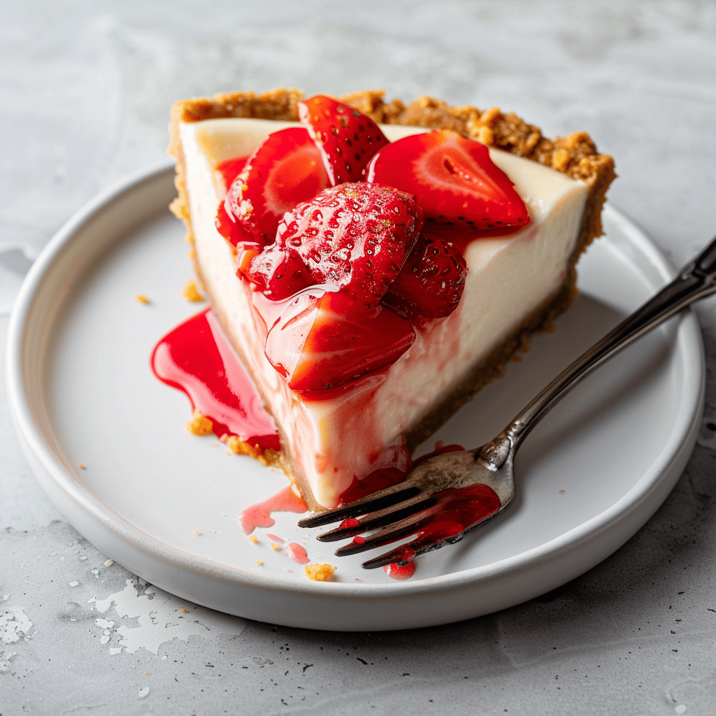 Slice of strawberry cheesecake served on plate with fork