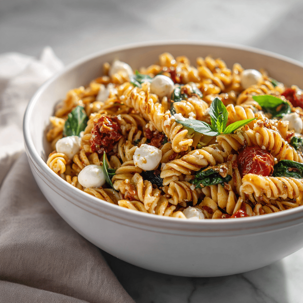 Sun-Dried Tomato Pasta Salad Recipe 6 Sun-dried tomato pasta salad with spinach, mozzarella, and cherry tomatoes