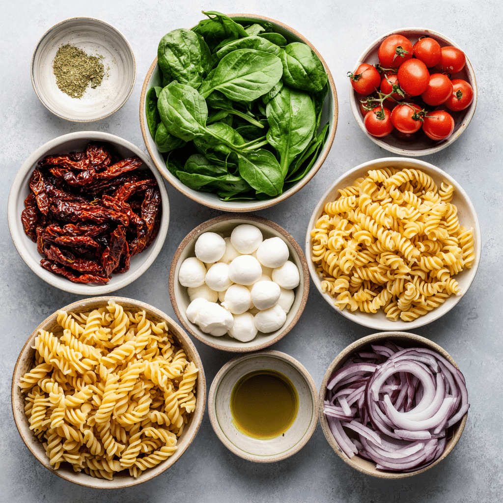 Sun-Dried Tomato Pasta Salad Recipe 7 Ingredients for sun-dried tomato pasta salad laid out on marble surface