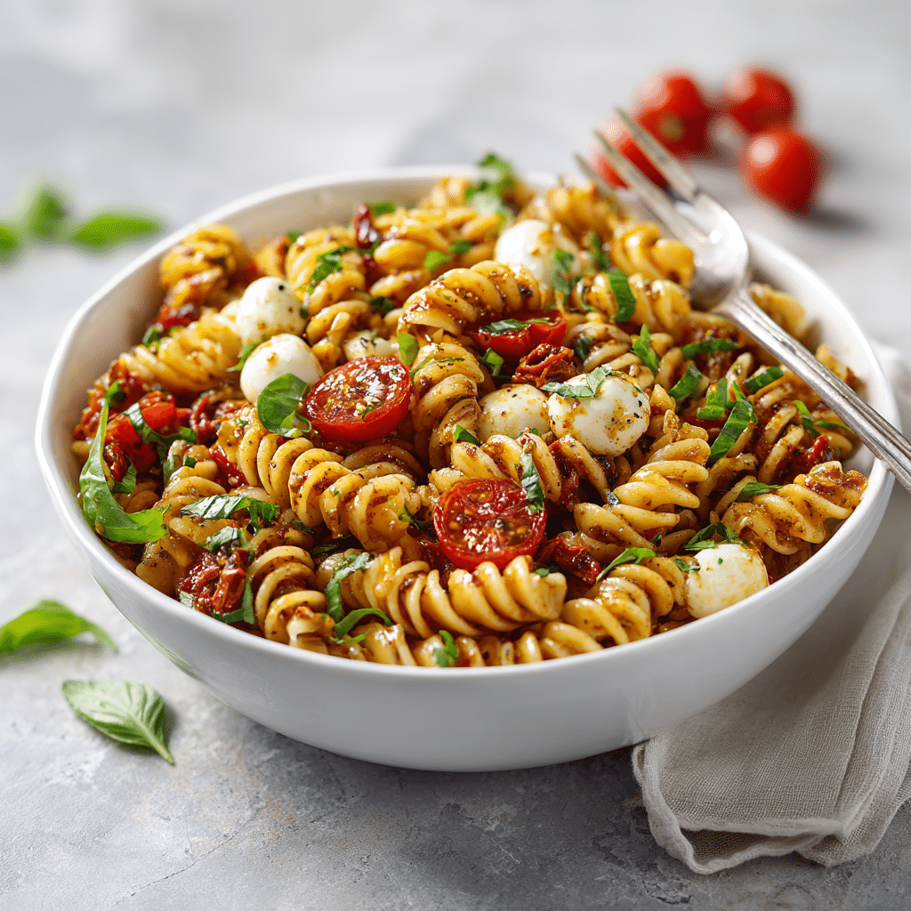 Sun-Dried Tomato Pasta Salad Recipe 8 Serving bowl of sun-dried tomato pasta salad with basil and mozzarella