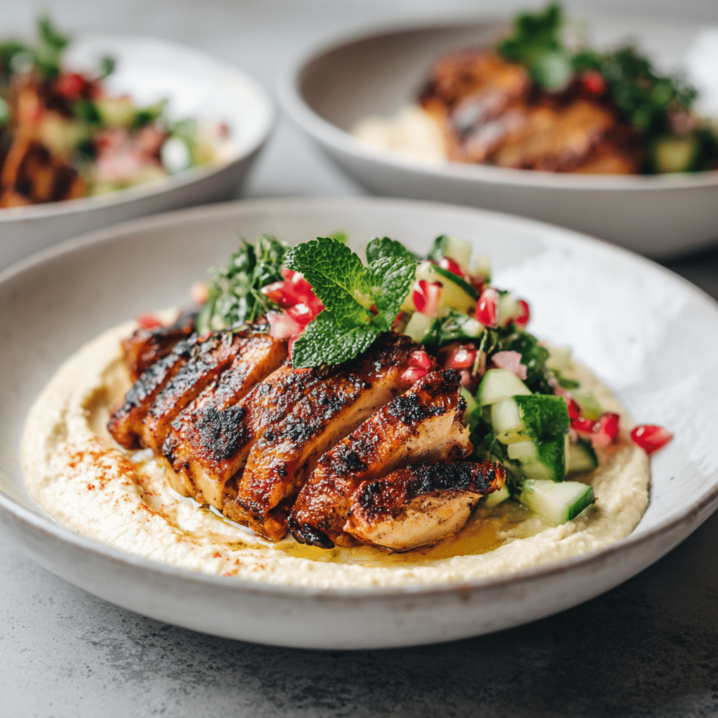 Lemon Chili Grilled Chicken Bowls with Fresh Cucumber Salad & Hummus