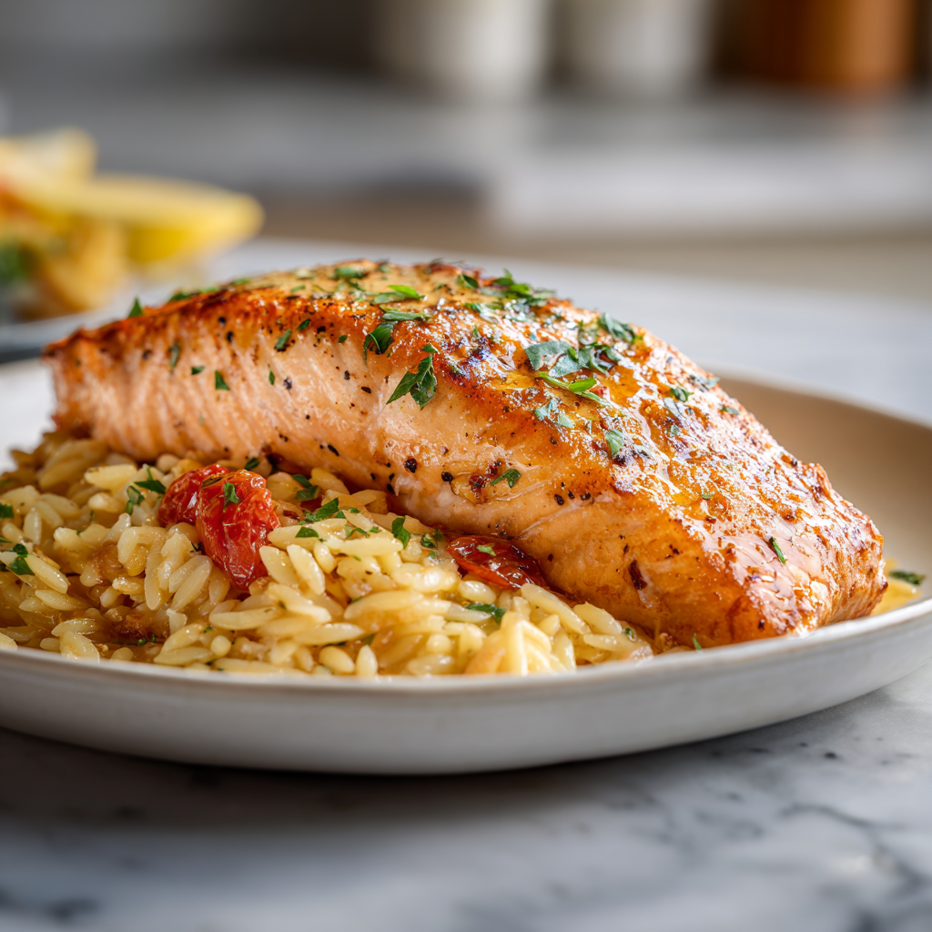 One Skillet Salmon with Lemon Orzo