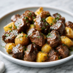 Simple Slow Cooker Garlic Butter Beef Bites with Potatoes