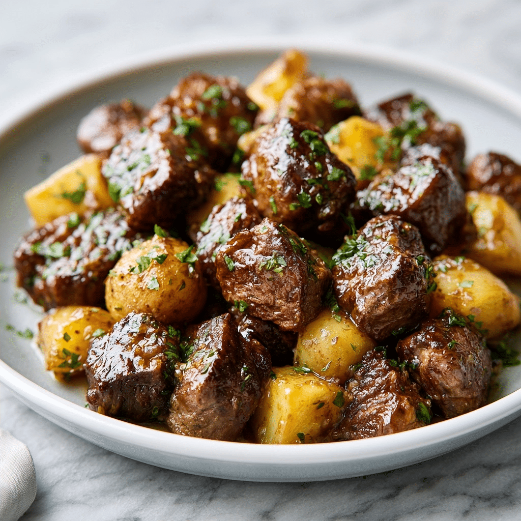 Simple Slow Cooker Garlic Butter Beef Bites with Potatoes