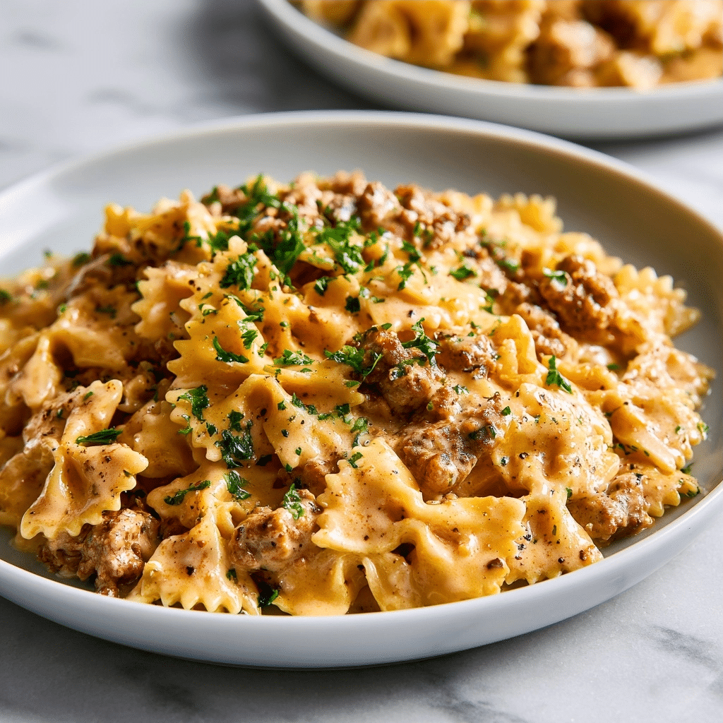 Creamy Cajun Cream Cheese Alfredo Bowties with Spiced Ground Beef