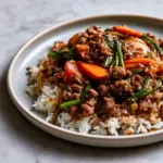 Healthy Spicy Ground Beef Stir-Fry Bowl with Garlic Veggies Delight