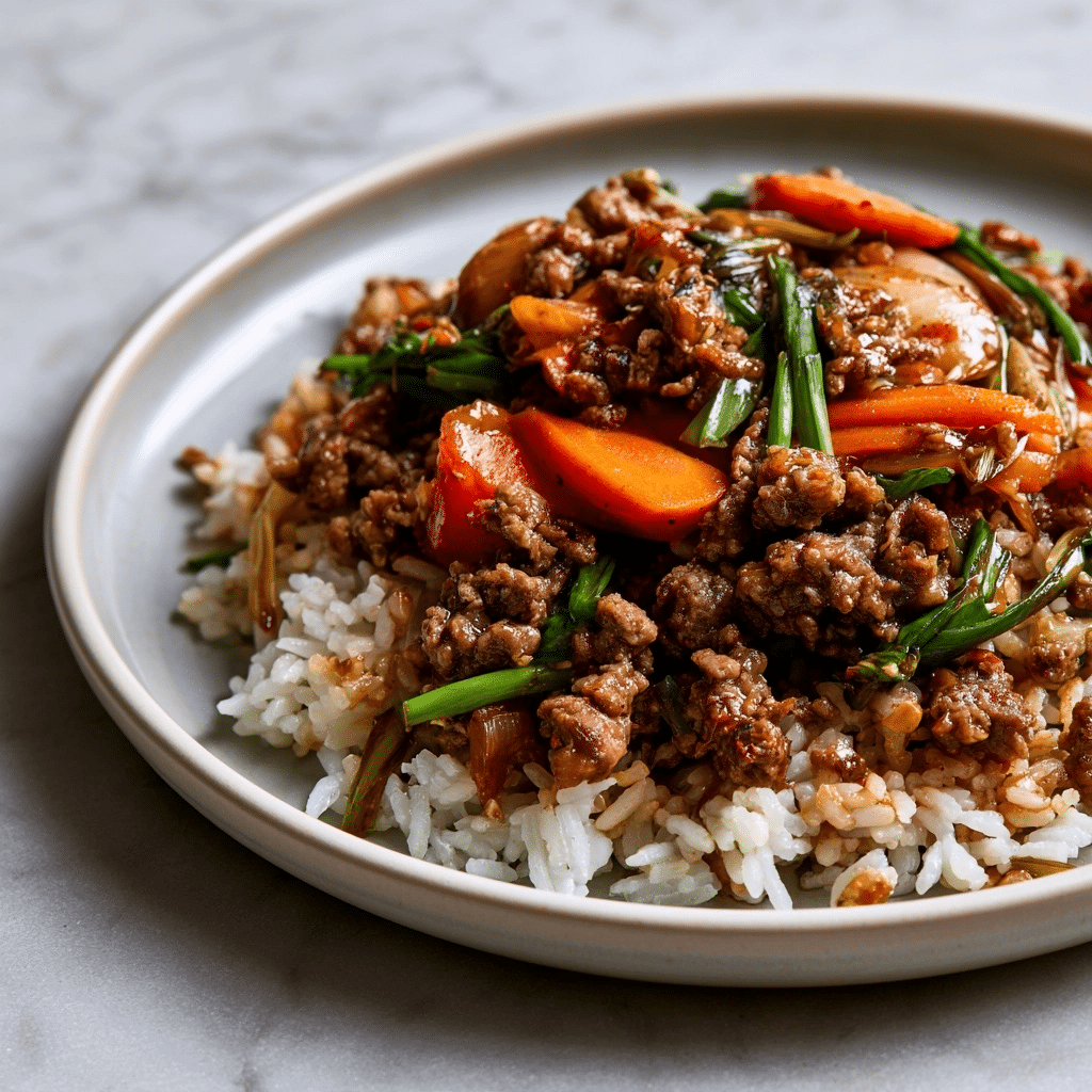 Healthy Spicy Ground Beef Stir-Fry Bowl with Garlic Veggies Delight