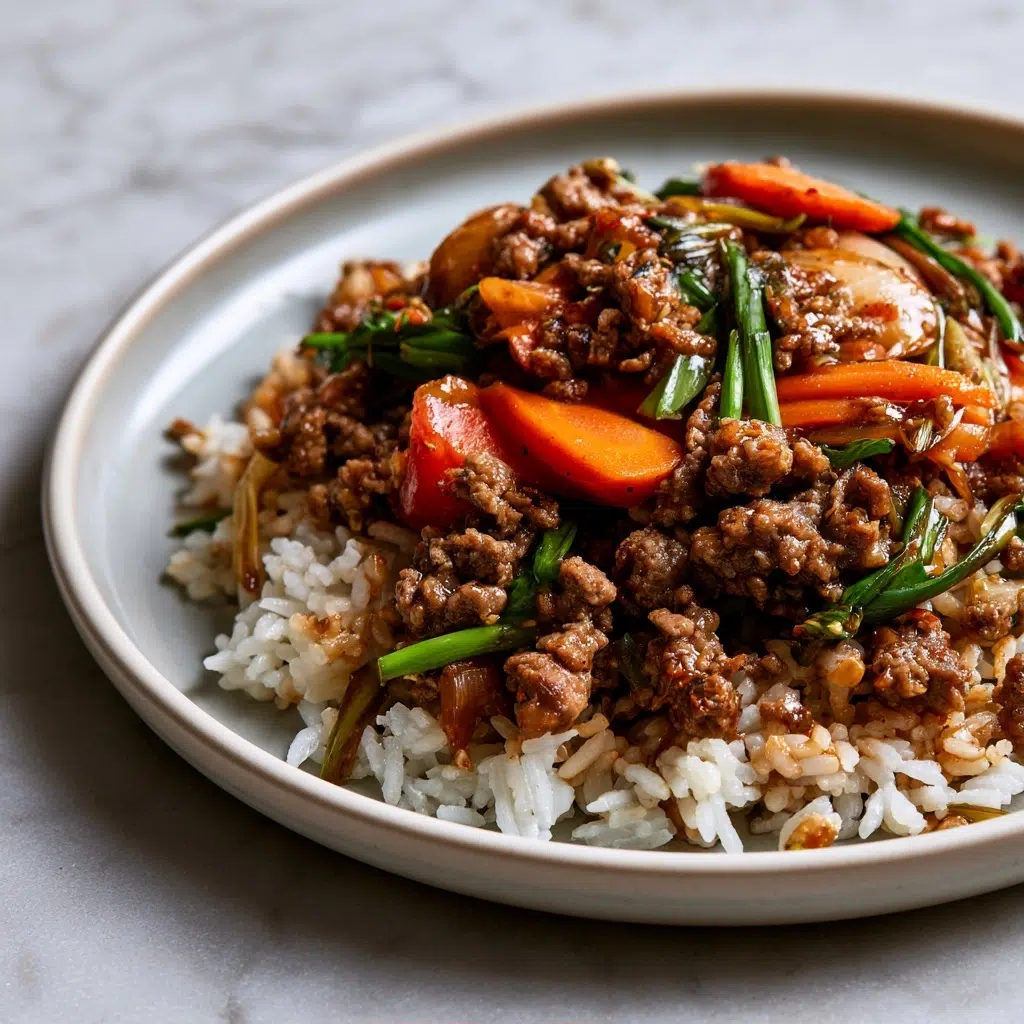 Healthy Spicy Ground Beef Stir-Fry Bowl with Garlic Veggies Delight